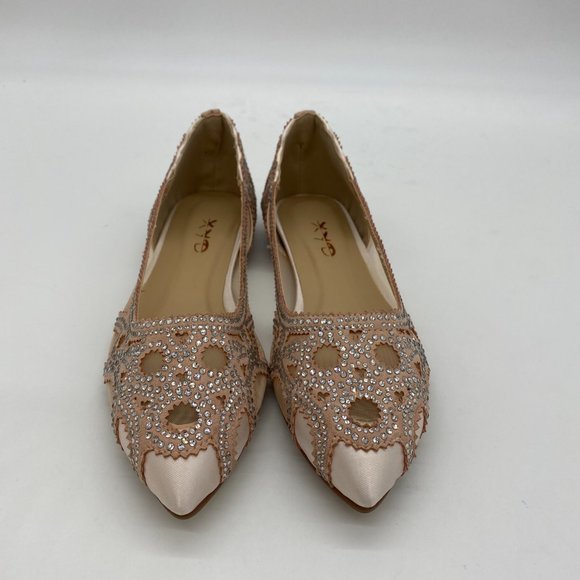 XYD Nude Pink Pointed Toe Rhinestone Mesh Flat - Picture 3 of 11